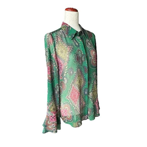 Elie Tahari Sheer Blouse Button Front Bohemian Paisley Print Top Ruffle Cuff L - Picture 2 of 10